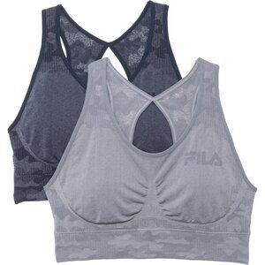 FILA Logo 2 Pk Seamless Sports Bra M Medium Impact Camo Keyhole Back Performance